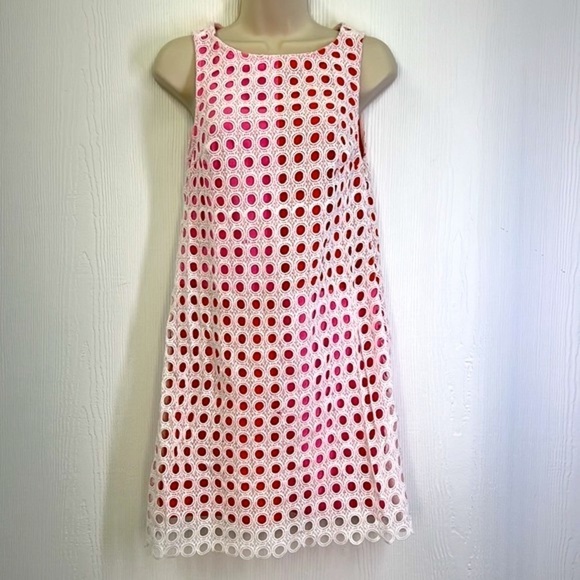 ModCloth - Fluent In Finesse Red & Pink White Eyelet Overlay Shift Dress Size XS - Picture 3 of 12